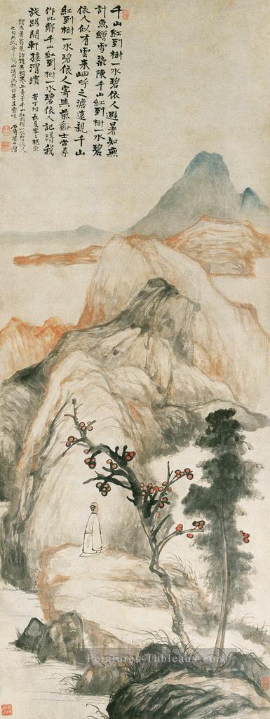 Arbre rouge Shitao dans les montagnes chinoises traditionnelles Peintures à l'huile